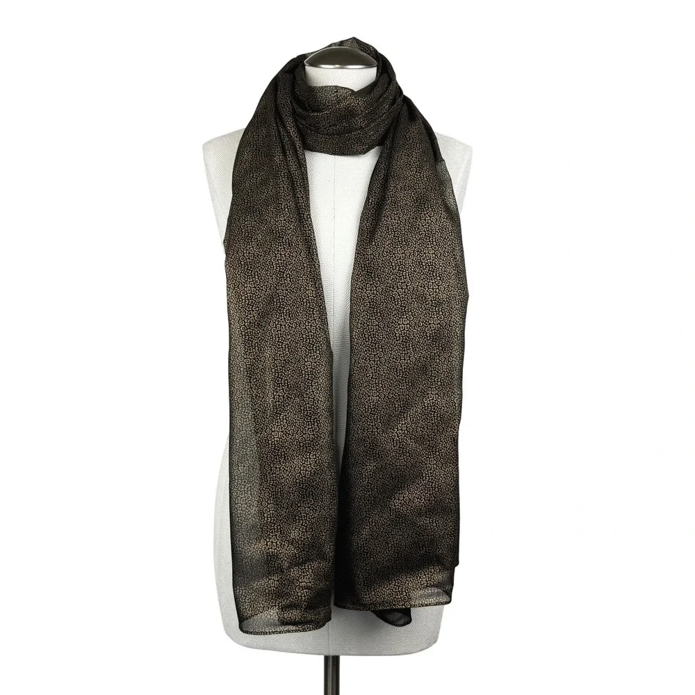 Michael Kors Metallic Gold Leopard Print Sheer Black Scarf Wrap Logo Tag 80x26